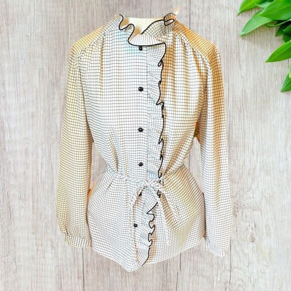 Vintage Lynn Davis Windowpane Ruffle Front Shirt 10 - Picture 2 of 15